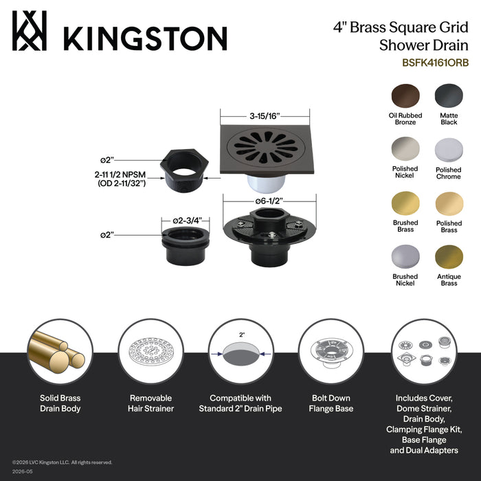 Kingston Watercourse BSFK4161MB 4-Inch Brass Square Grid Shower Drain with Hair Strainer and Base Flange, Matte Black