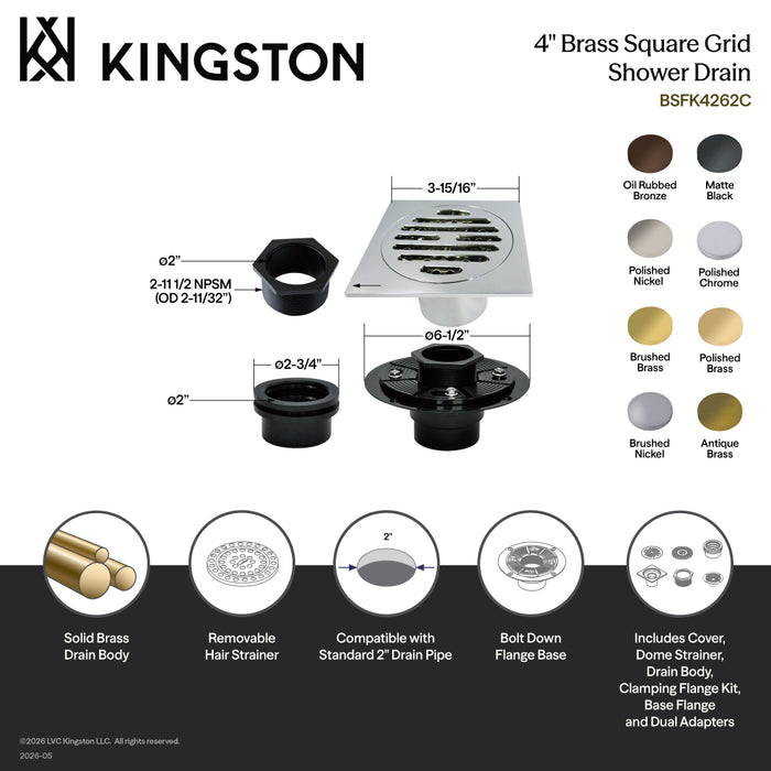 Kingston Watercourse BSFK4262BB 4-Inch Brass Square Grid Shower Drain with Hair Strainer and Base Flange, Brushed Brass