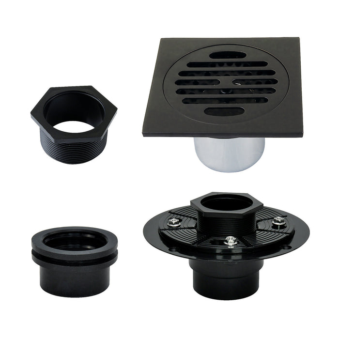 Kingston Watercourse BSFK4262MB 4-Inch Brass Square Grid Shower Drain with Hair Strainer and Base Flange, Matte Black