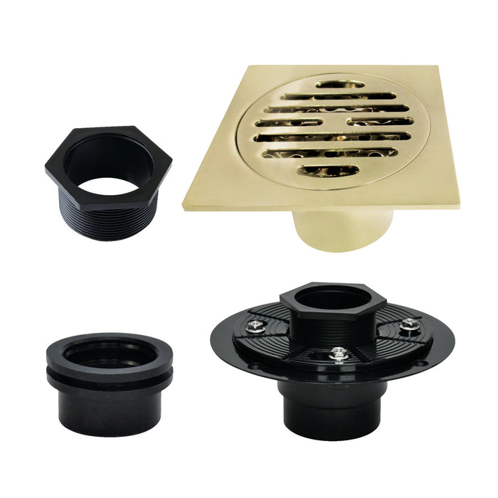Kingston Watercourse BSFK4262PB 4-Inch Brass Square Grid Shower Drain with Flange, Polished Brass