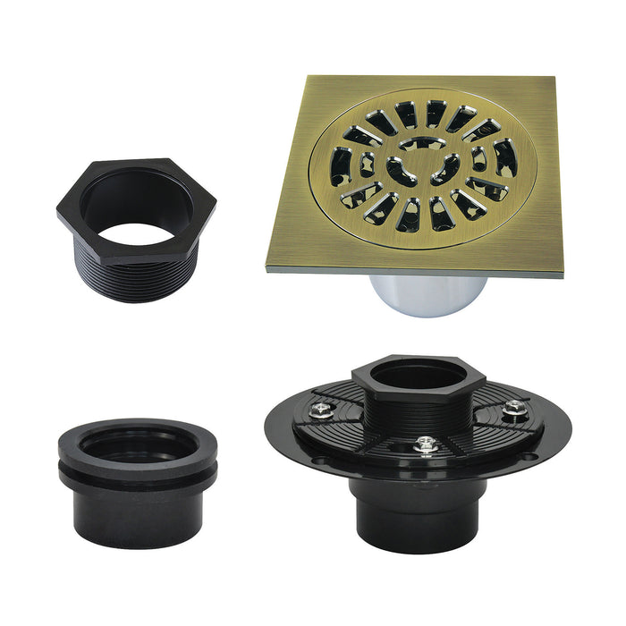 Kingston Watercourse BSFK4267AB 4-Inch Brass Square Grid Shower Drain with Flange, Antique Brass