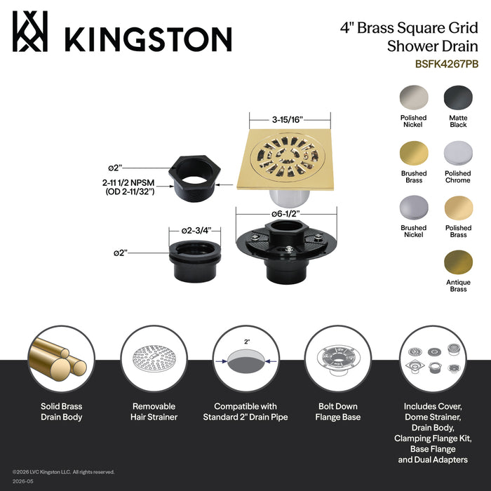 Kingston Watercourse BSFK4267PB 4-Inch Brass Square Grid Shower Drain with Flange, Polished Brass