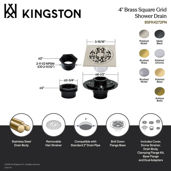 Kingston Watercourse BSFK4272PB 4-Inch Brass Square Grid Shower Drain with Hair Strainer and Base Flange, Polished Brass