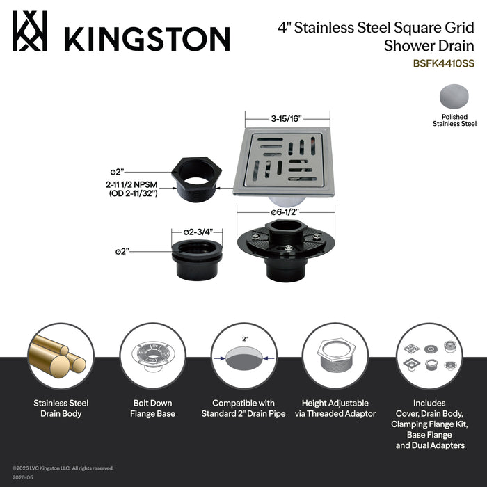 Kingston Watercourse BSFK4410SS 4-Inch Stainless Steel Square Grid Shower Drain with Flange, Brushed Stainless Steel