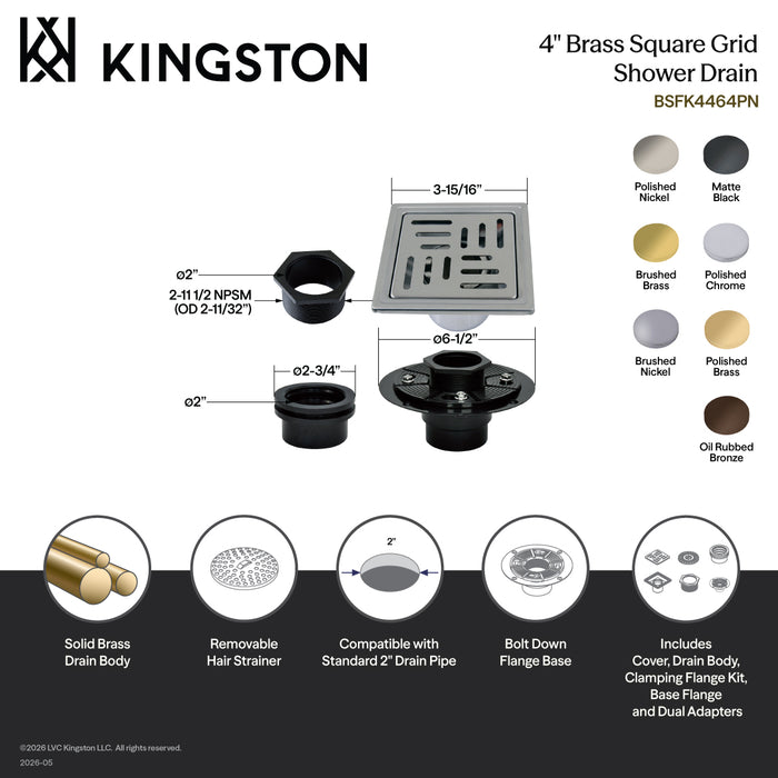 Kingston Watercourse BSFK4464PB 4-Inch Brass Square Grid Shower Drain with Hair Strainer and Base Flange, Polished Brass