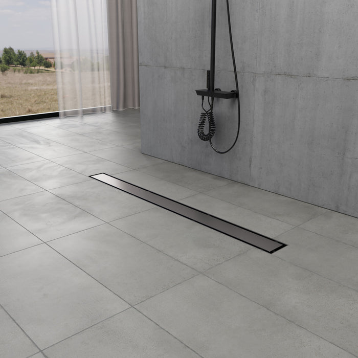 Kingston Watercourse BSFK4820 48-Inch Stainless Steel Linear Shower Drain with Reversible Tile Insert and Flat Grate, Drain with Base Flange and Hair Strainer, Matte Black