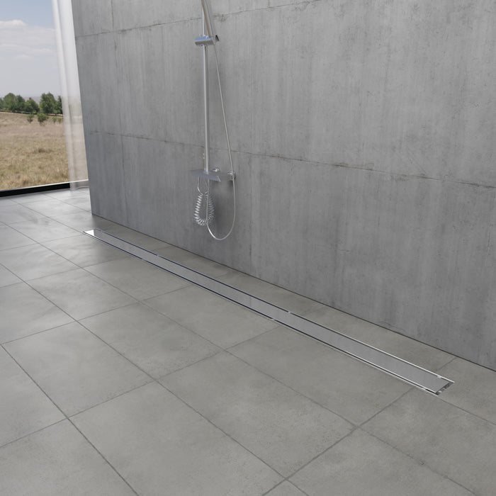 Kingston Watercourse BSFK6021 60-Inch Stainless Steel Linear Shower Drain with Reversible Tile Insert and Flat Grate, Drain with Base Flange and Hair Strainer, Polished Chrome