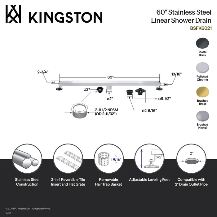 Kingston Watercourse BSFK6027 60-Inch Stainless Steel Linear Shower Drain with Reversible Tile Insert and Flat Grate, Drain with Base Flange and Hair Strainer, Brushed Brass