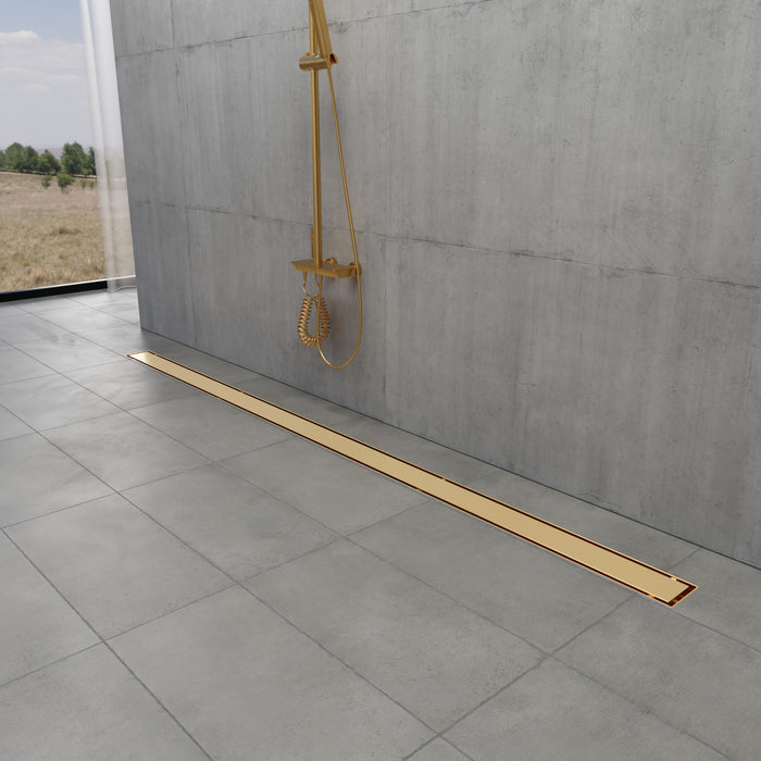 Kingston Watercourse BSFK6027 60-Inch Stainless Steel Linear Shower Drain with Reversible Tile Insert and Flat Grate, Drain with Base Flange and Hair Strainer, Brushed Brass