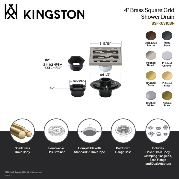 Kingston Watercourse BSFK6310BN 4-Inch Brass Square Grid Shower Drain with Hair Strainer and Base Flange, Brushed Nickel