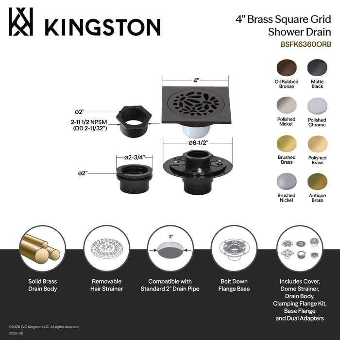 Kingston Watercourse BSFK6360BN 4-Inch Brass Square Grid Shower Drain with Hair Strainer and Base Flange, Brushed Nickel