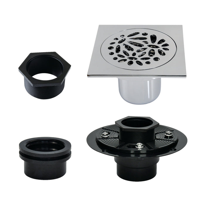 Kingston Watercourse BSFK6360C 4-Inch Brass Square Grid Shower Drain with Hair Strainer and Base Flange, Polished Chrome