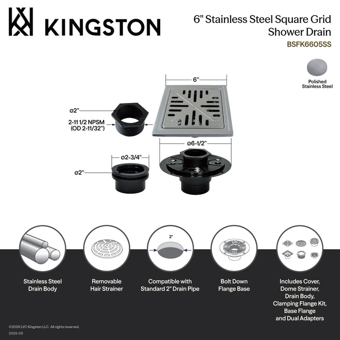 Kingston Watercourse BSFK6605SS 6-Inch Stainless Steel Square Grid Shower Drain with Flange, Brushed Stainless Steel
