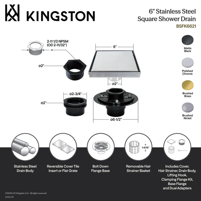 Kingston Watercourse BSFK6621 6-Inch Stainless Steel Square Shower Drain with Flange, Polished Chrome