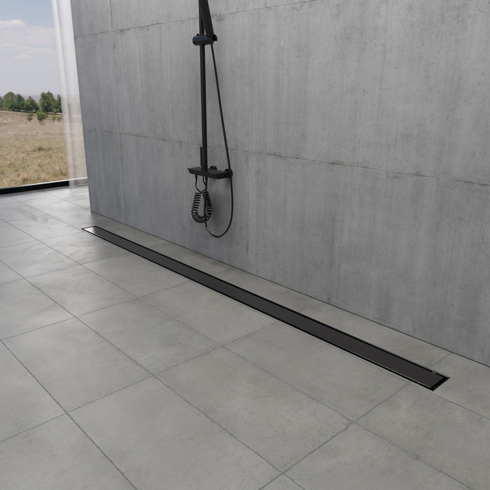 Watercourse BSFK7220 72-Inch Stainless Steel Linear Shower Drain with Reversible Tile Insert and Flat Grate, Drain with Base Flange and Hair Strainer, Matte Black