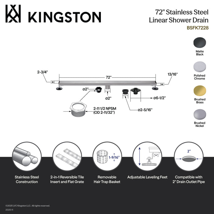 Kingston Watercourse BSFK7228 72-Inch Stainless Steel Linear Shower Drain with Reversible Tile Insert and Flat Grate, Drain with Base Flange and Hair Strainer, Brushed Nickel