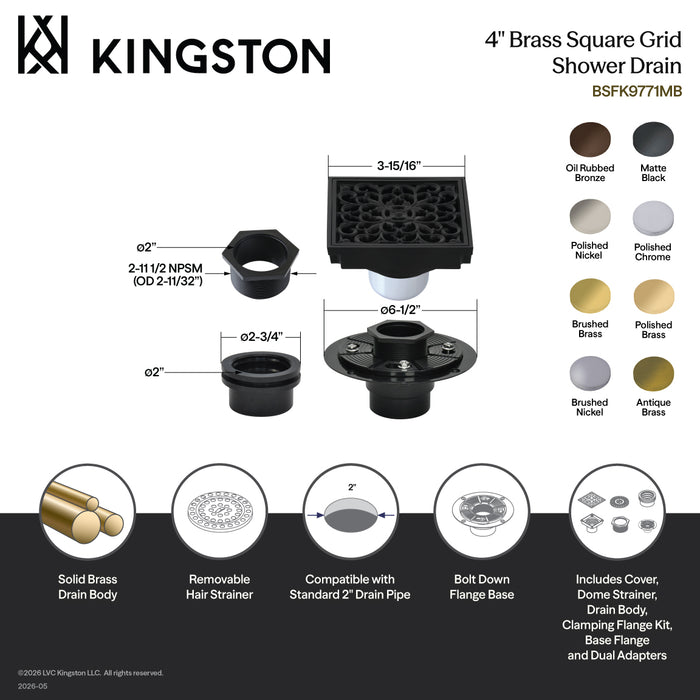 Kingston Watercourse BSFK9771BN 4-Inch Brass Square Grid Shower Drain with Hair Strainer and Base Flange, Brushed Nickel