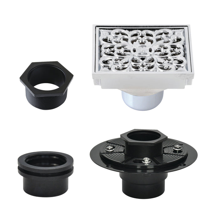 Kingston Watercourse BSFK9771C 4-Inch Brass Square Grid Shower Drain with Flange, Polished Chrome