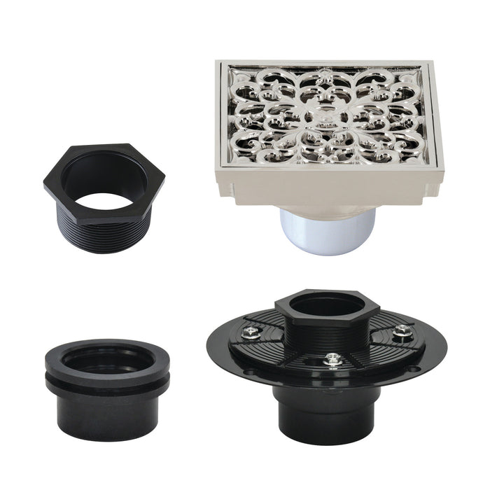 Kingston Watercourse BSFK9771PN 4-Inch Brass Square Grid Shower Drain with Hair Strainer and Base Flange, Polished Nickel