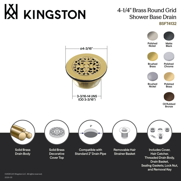 Kingston Watercourse BSFT4130 4-1/4-Inch Brass Round Grid Shower Base Drain with Flange, Matte Black