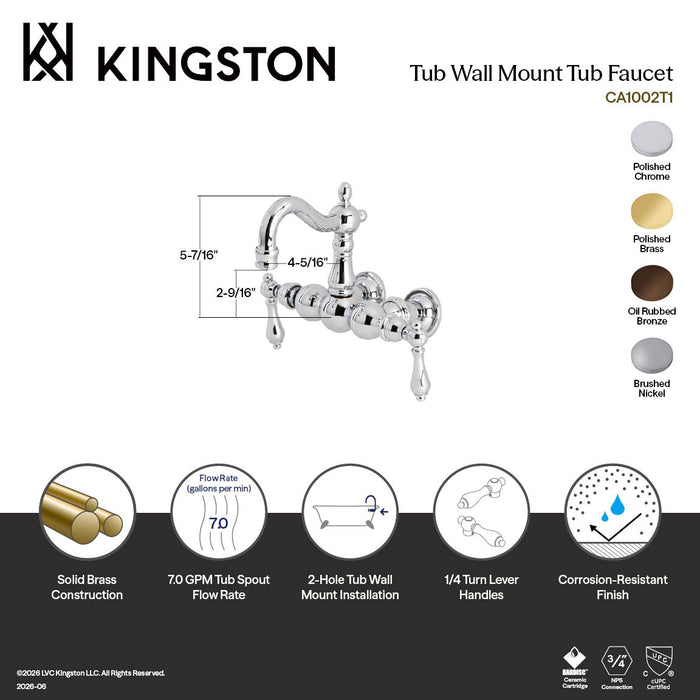Kingston Heirloom CA1001T2 - Heritage Two-Handle 2-Hole Tub Wall Mount Clawfoot Tub Faucet, Polished Brass