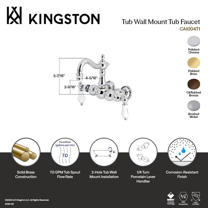 Kingston Heirloom CA1003T8 - Heritage Two-Handle 2-Hole Tub Wall Mount Clawfoot Tub Faucet, Brushed Nickel
