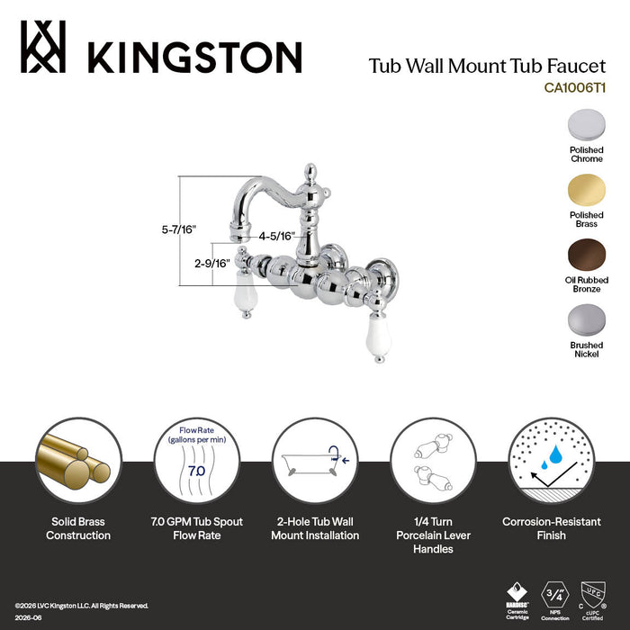 Kingston Heirloom CA1005T2 - Heritage Two-Handle 2-Hole Tub Wall Mount Clawfoot Tub Faucet, Polished Brass