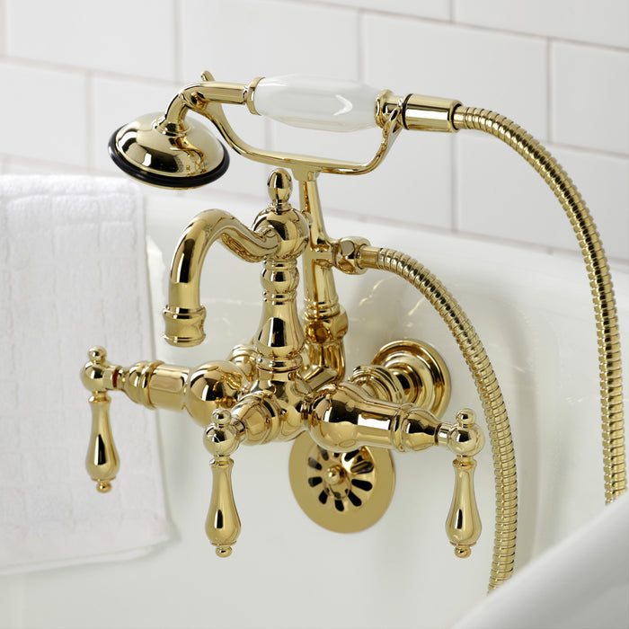 Kingston Heirloom CA1007T2 - Heritage Three-Handle 2-Hole Tub Wall Mount Clawfoot Tub Faucet with Hand Shower, Polished Brass