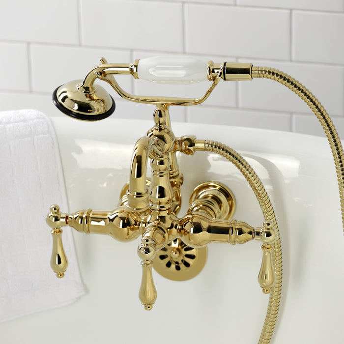Kingston Heirloom CA1007T2 - Heritage Three-Handle 2-Hole Tub Wall Mount Clawfoot Tub Faucet with Hand Shower, Polished Brass