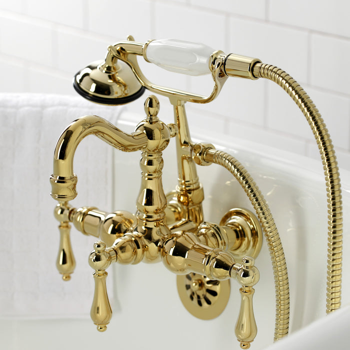 Kingston Heirloom CA1007T2 - Heritage Three-Handle 2-Hole Tub Wall Mount Clawfoot Tub Faucet with Hand Shower, Polished Brass