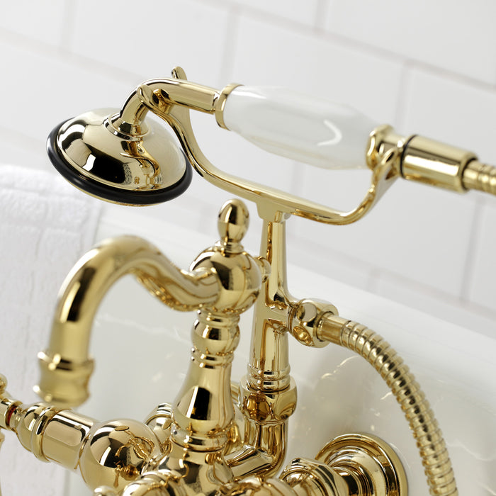 Kingston Heirloom CA1007T2 - Heritage Three-Handle 2-Hole Tub Wall Mount Clawfoot Tub Faucet with Hand Shower, Polished Brass