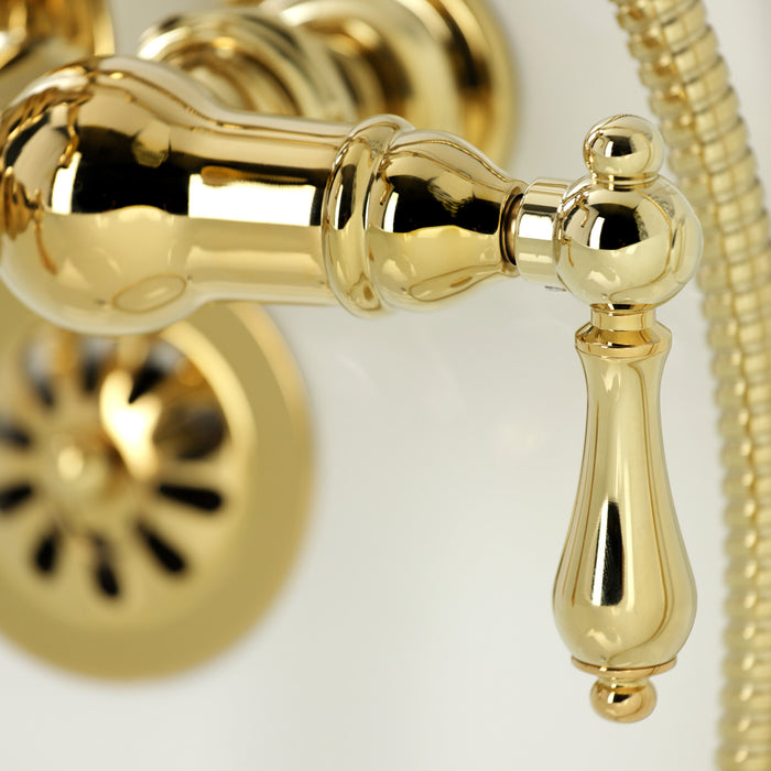 Kingston Heirloom CA1007T2 - Heritage Three-Handle 2-Hole Tub Wall Mount Clawfoot Tub Faucet with Hand Shower, Polished Brass