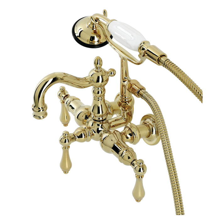 Kingston Heirloom CA1007T2 - Heritage Three-Handle 2-Hole Tub Wall Mount Clawfoot Tub Faucet with Hand Shower, Polished Brass