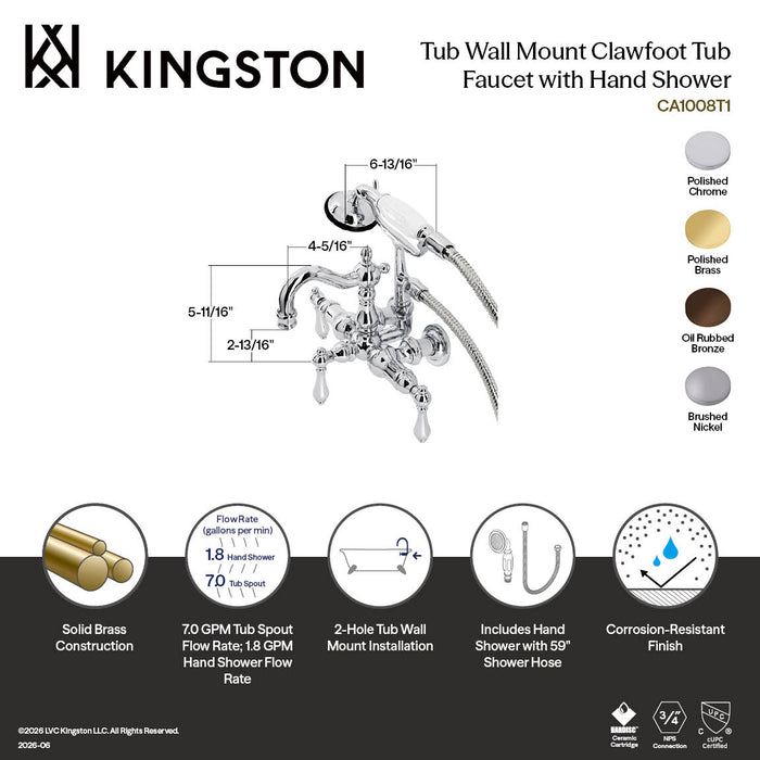 Kingston Heirloom CA1007T8 - Heritage Three-Handle 2-Hole Tub Wall Mount Clawfoot Tub Faucet with Hand Shower, Brushed Nickel