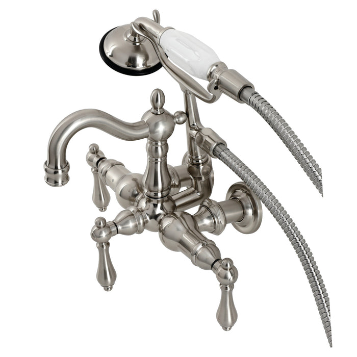 Kingston Heirloom CA1007T8 - Heritage Three-Handle 2-Hole Tub Wall Mount Clawfoot Tub Faucet with Hand Shower, Brushed Nickel