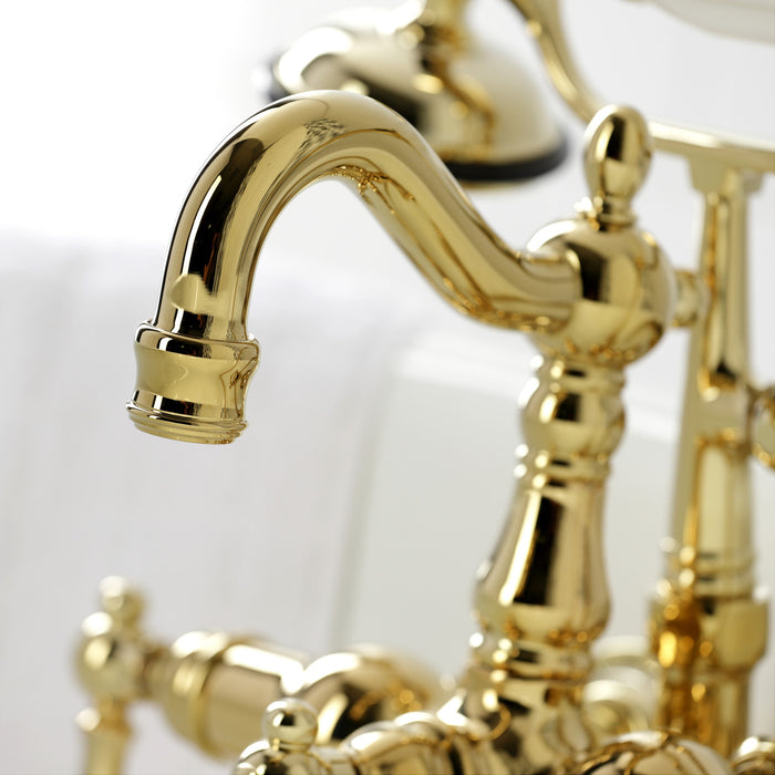 Kingston Heirloom CA1009T2 - Heritage Three-Handle 2-Hole Tub Wall Mount Clawfoot Tub Faucet with Hand Shower, Polished Brass