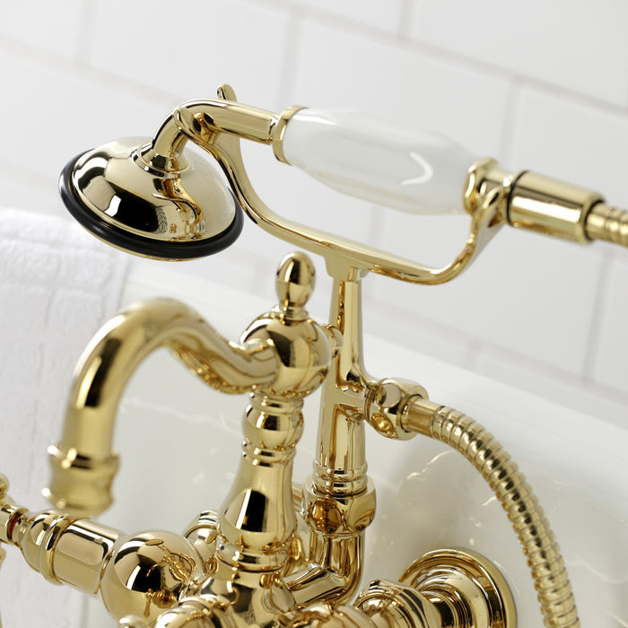 Kingston Heirloom CA1009T2 - Heritage Three-Handle 2-Hole Tub Wall Mount Clawfoot Tub Faucet with Hand Shower, Polished Brass