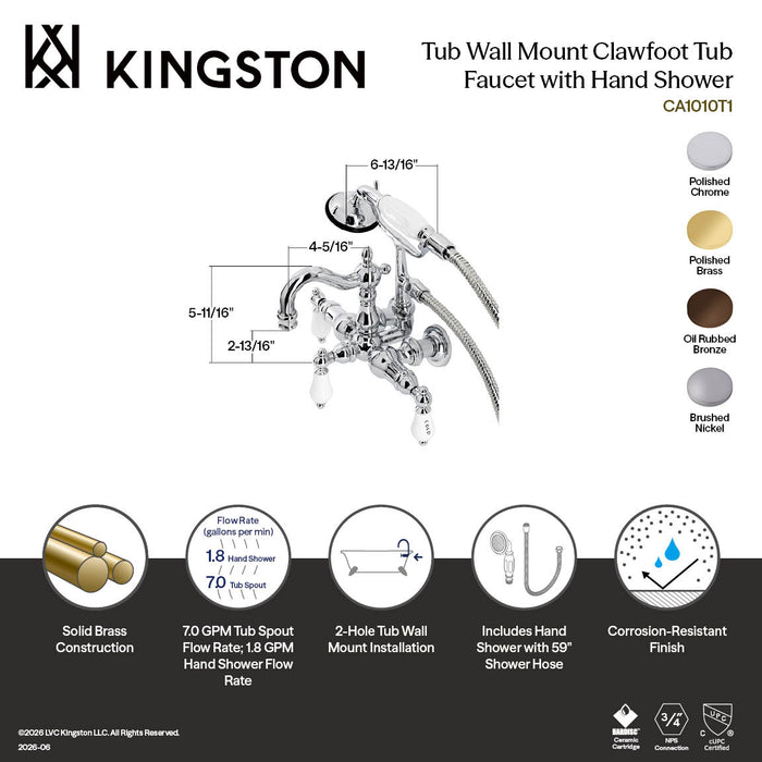 Kingston Heirloom CA1009T8 - Heritage Three-Handle 2-Hole Tub Wall Mount Clawfoot Tub Faucet with Hand Shower, Brushed Nickel