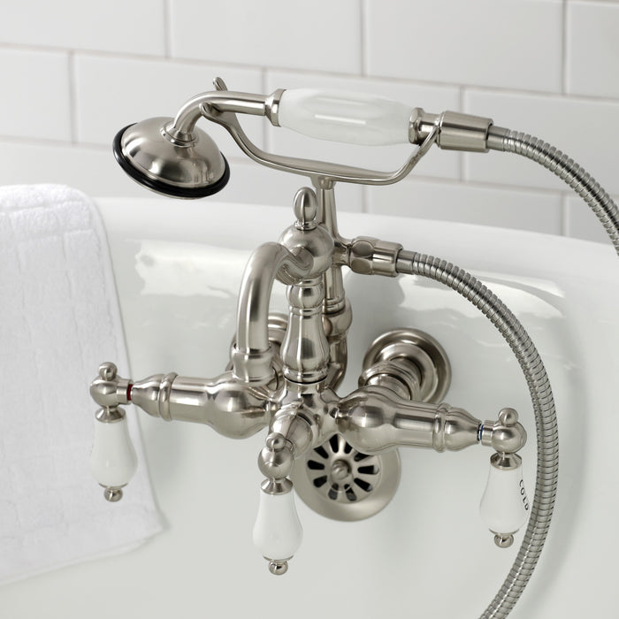 Kingston Heirloom CA1009T8 - Heritage Three-Handle 2-Hole Tub Wall Mount Clawfoot Tub Faucet with Hand Shower, Brushed Nickel
