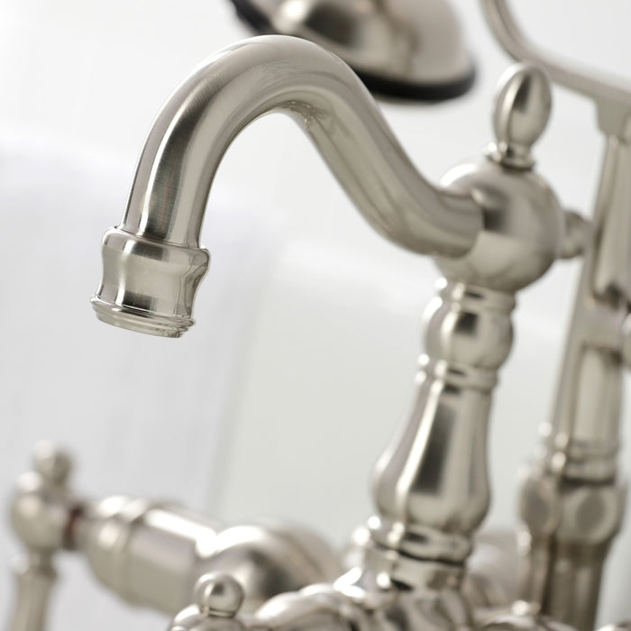 Kingston Heirloom CA1009T8 - Heritage Three-Handle 2-Hole Tub Wall Mount Clawfoot Tub Faucet with Hand Shower, Brushed Nickel