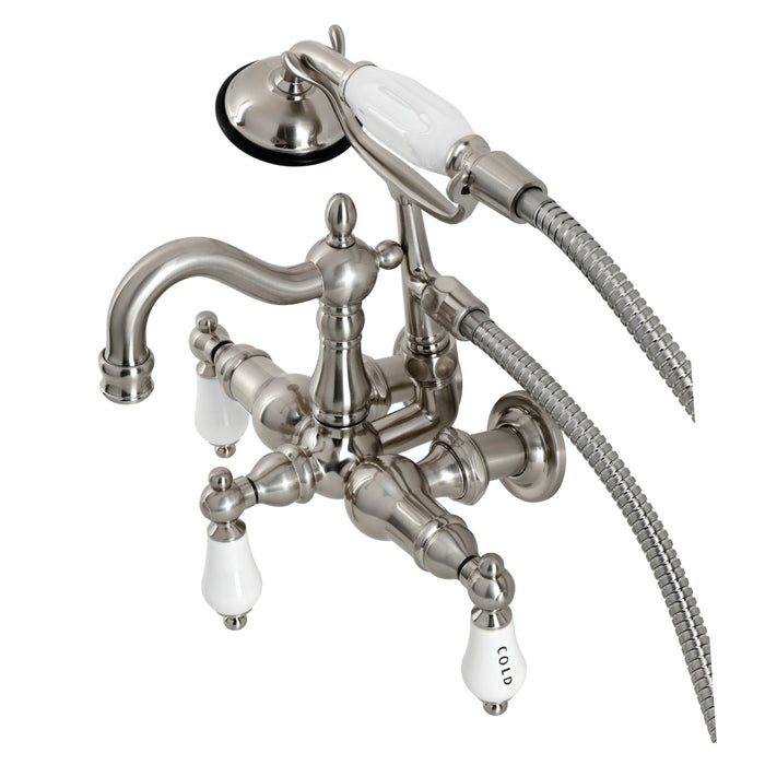 Kingston Heirloom CA1009T8 - Heritage Three-Handle 2-Hole Tub Wall Mount Clawfoot Tub Faucet with Hand Shower, Brushed Nickel