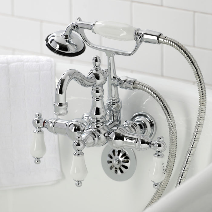 Kingston Heirloom CA1010T1 - Heritage Three-Handle 2-Hole Tub Wall Mount Clawfoot Tub Faucet with Hand Shower, Polished Chrome