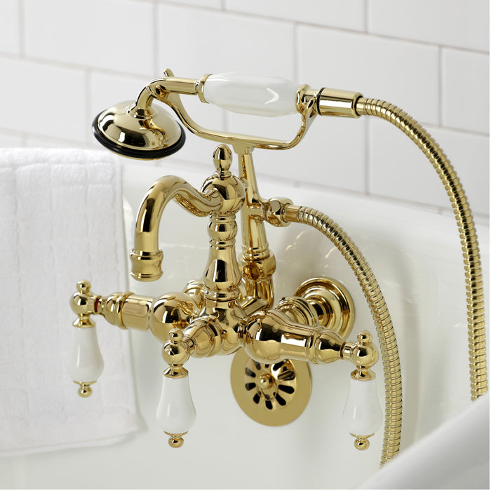 Kingston Heirloom CA1011T2 - Heritage Three-Handle 2-Hole Tub Wall Mount Clawfoot Tub Faucet with Hand Shower, Polished Brass