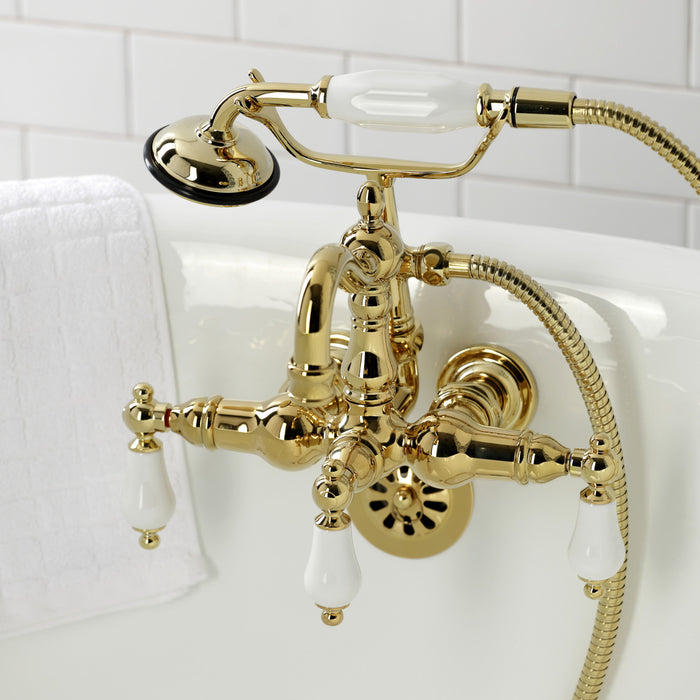 Kingston Heirloom CA1011T2 - Heritage Three-Handle 2-Hole Tub Wall Mount Clawfoot Tub Faucet with Hand Shower, Polished Brass