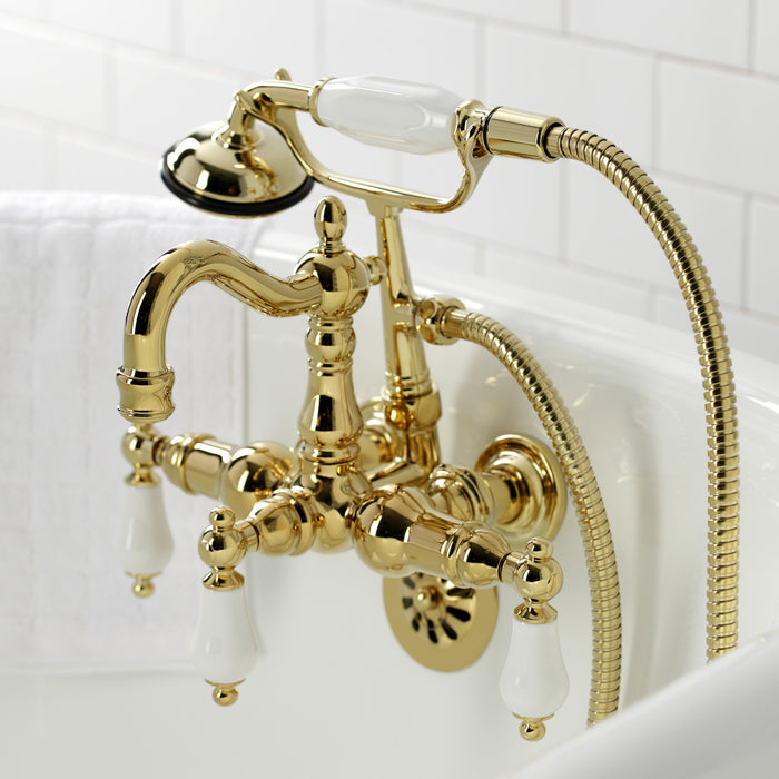 Kingston Heirloom CA1011T2 - Heritage Three-Handle 2-Hole Tub Wall Mount Clawfoot Tub Faucet with Hand Shower, Polished Brass