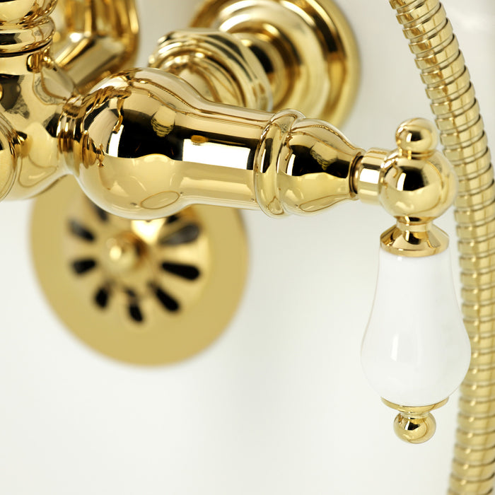 Kingston Heirloom CA1011T2 - Heritage Three-Handle 2-Hole Tub Wall Mount Clawfoot Tub Faucet with Hand Shower, Polished Brass