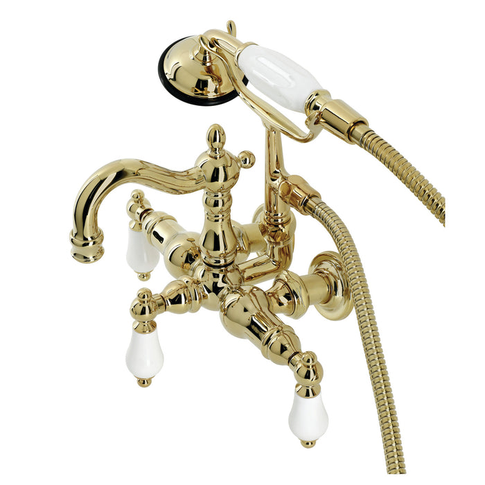 Kingston Heirloom CA1011T2 - Heritage Three-Handle 2-Hole Tub Wall Mount Clawfoot Tub Faucet with Hand Shower, Polished Brass