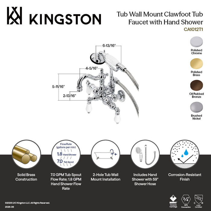 Kingston Heirloom CA1011T8 - Heritage Three-Handle 2-Hole Tub Wall Mount Clawfoot Tub Faucet with Hand Shower, Brushed Nickel