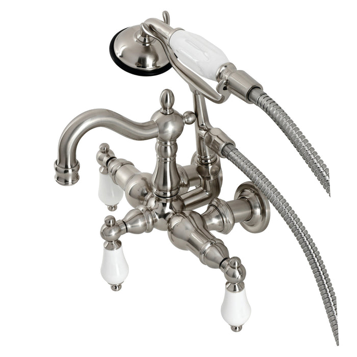 Kingston Heirloom CA1011T8 - Heritage Three-Handle 2-Hole Tub Wall Mount Clawfoot Tub Faucet with Hand Shower, Brushed Nickel