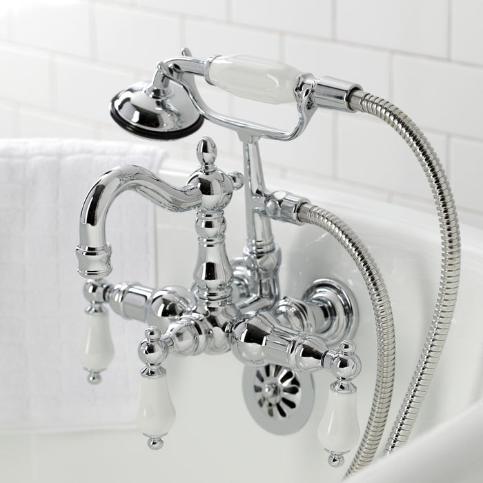 Kingston Heirloom CA1012T1 - Heritage Three-Handle 2-Hole Tub Wall Mount Clawfoot Tub Faucet with Hand Shower, Polished Chrome